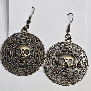 Pirates of the Caribbean Gold Doubloon Earrings Aztec Mayan Skull Great Conditio